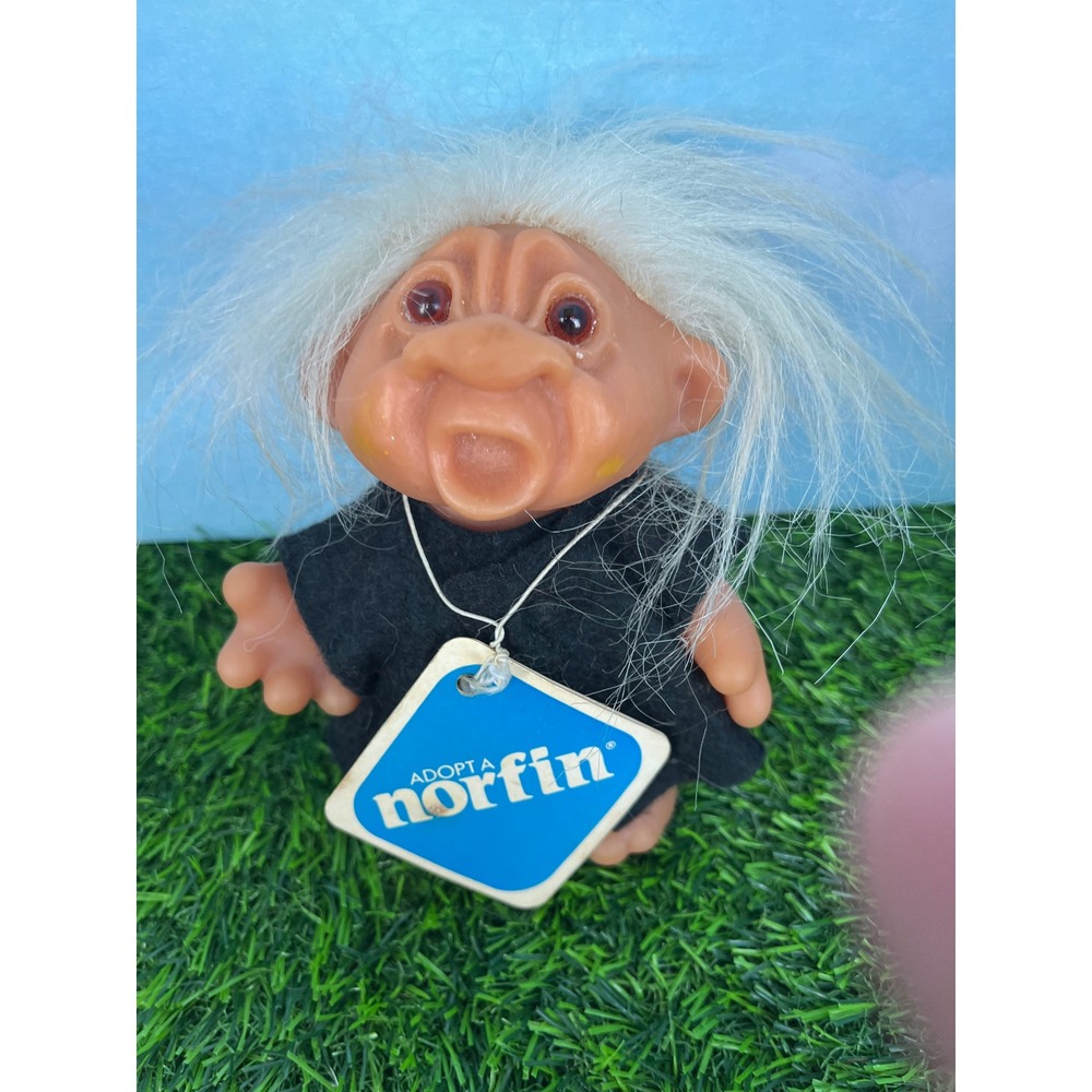 Vintage Norfin Troll Doll Thomas Dam Denmark White Hair Amber Eyes Black Outfit